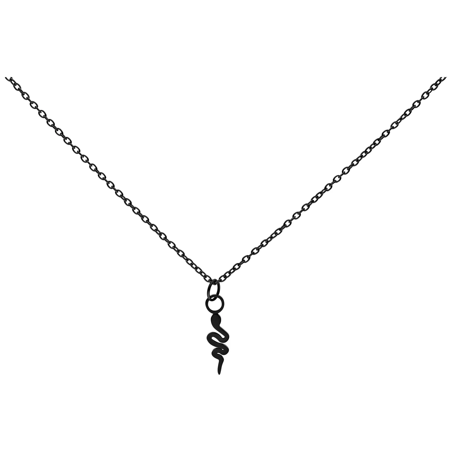 Schwarze Kette mit Schlangenanhänger aus Chirurgenstahl vor weißem Hintergrund