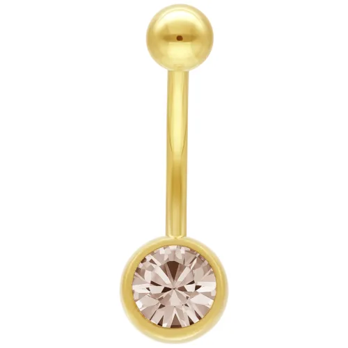 Goldenes Bauchnabel Piercing mit champagnerfarbenem Kristall auf weißem Hintergrund