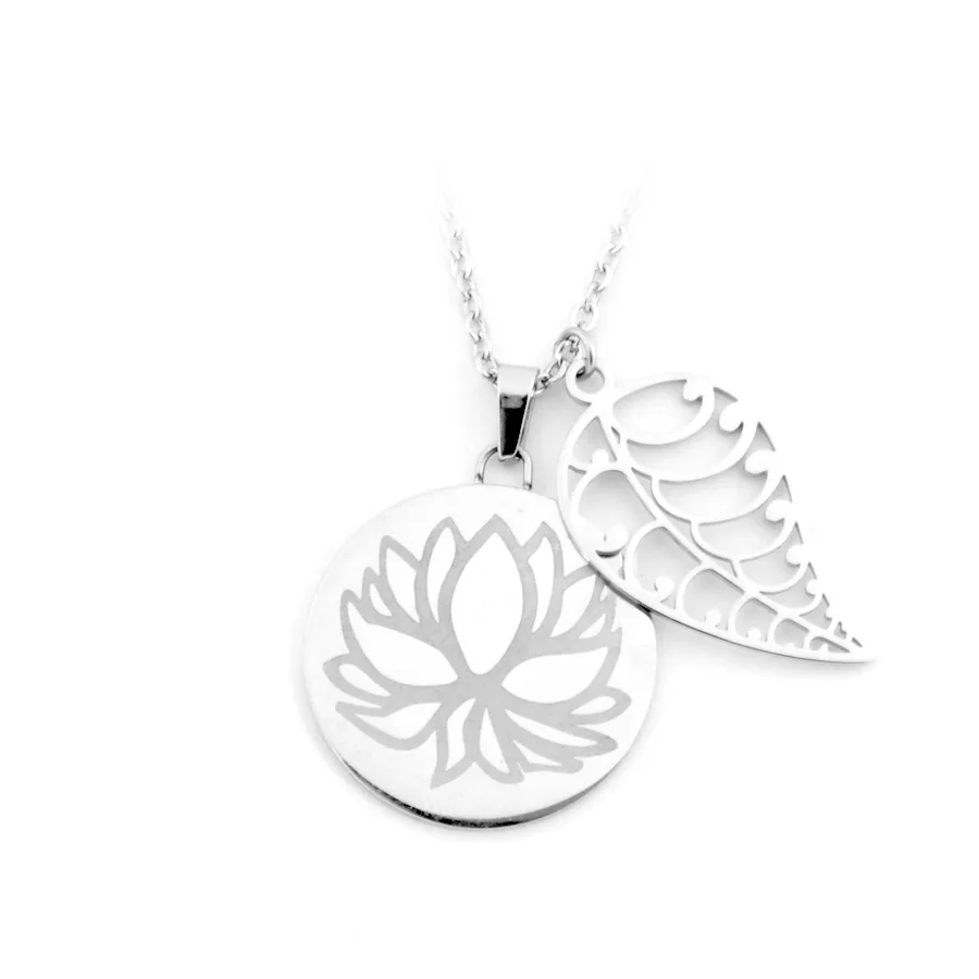 Silvercoloured Lotus with Leaf Necklace