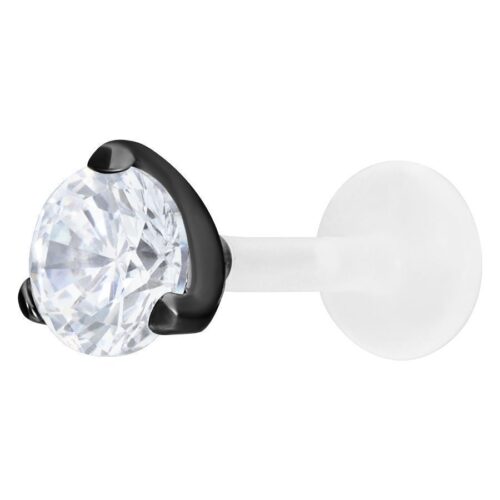 Labret mit schwarzer Fassung und 4 mm kristallklarem Stein auf weißem Hintergrund