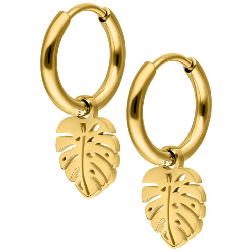 Mini Monstera Hoops Pair - Golden Metal