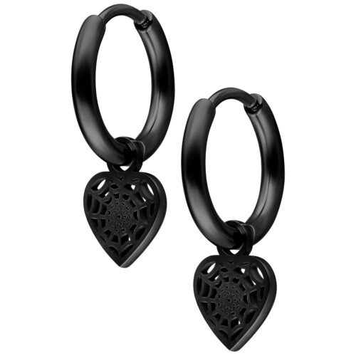 Mini Spiderweb Heart Hoops Pair - Black Metal