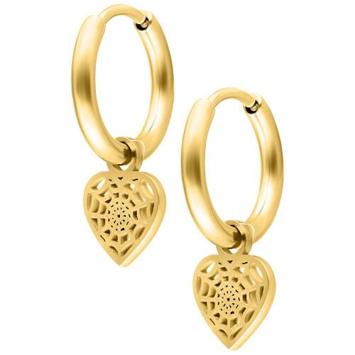 Mini Spiderweb Heart Hoops Pair - Golden Metal