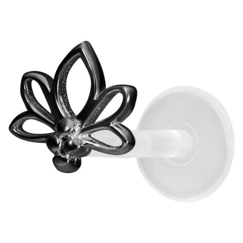 Schwarzes Lotus Push-Fit Labret mit silbernen Details auf weißem Hintergrund
