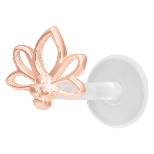 Lotus Push-Fit Labret mit roségoldenem Lotus-Design auf weißem Hintergrund
