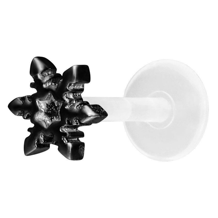 Schwarzes Schneeflocken-Labret aus Bioplast und Silber auf weißem Hintergrund