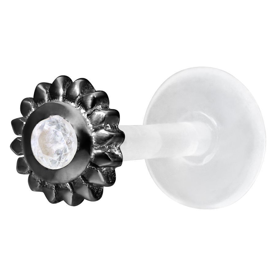 Schwarzes Ice Flower Labret mit klarem Kristall auf weißem Hintergrund