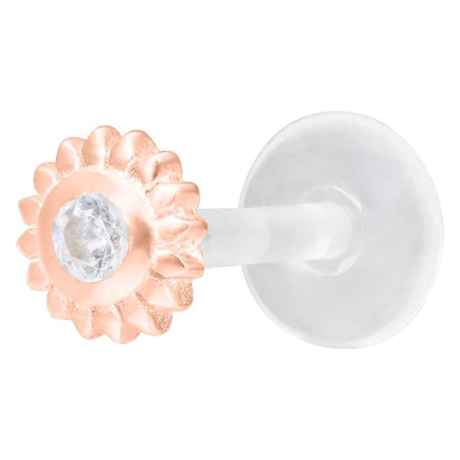 Roségoldenes Ice Flower Push-Fit Labret mit klarem Kristall auf weißem Hintergrund