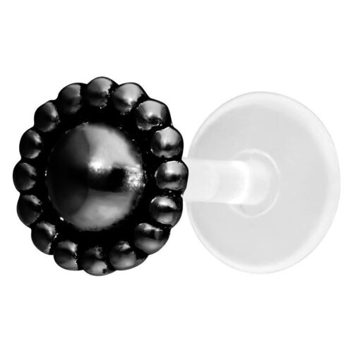 Schwarzes Nub Labret mit Push-Fit Mechanismus auf weißem Hintergrund