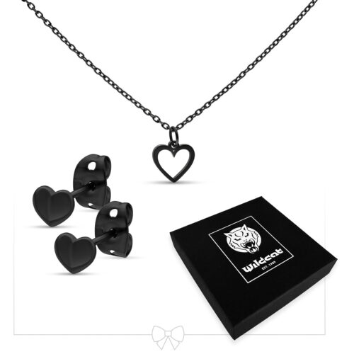 Heart Necklace with Earstuds Set - Black Metal