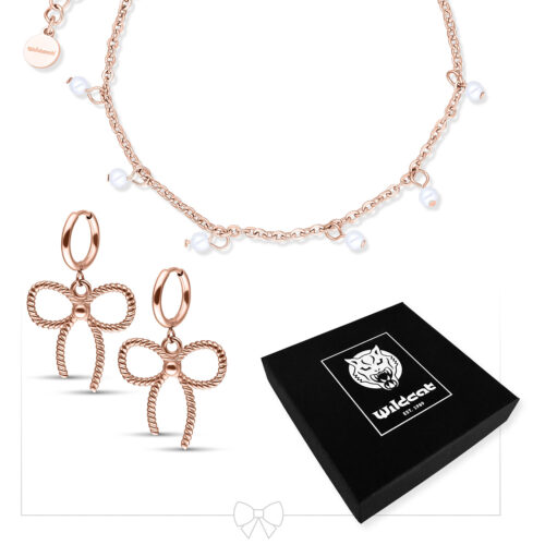 Little Pearl Bracelet with Twisted Bow Hoops Set - Rosegold