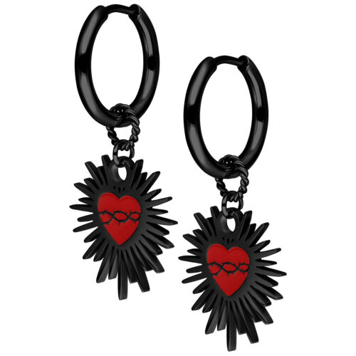 Enamel Sacred Heart Barbed Wire Hoops Pair - Black Metal