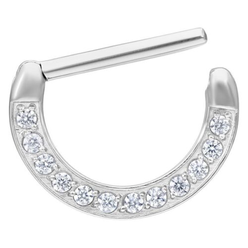 Silberner Nipple Clicker mit kristallklaren Steinen auf weißem Hintergrund