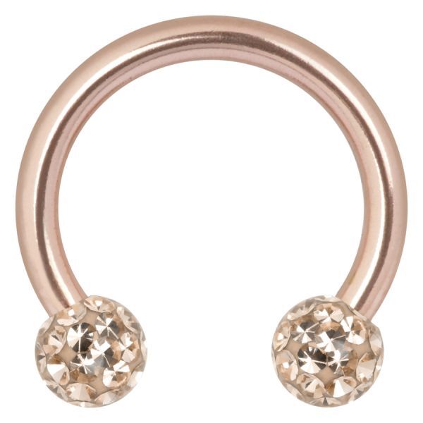 Roségoldenes Circular Barbell mit apricotfarbenen Kristallkugeln auf weißem Hintergrund