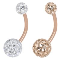 Zwei Bananabells aus Chirurgenstahl mit Kristallverzierung in Apricot und Kristallklar auf weißem Hintergrund