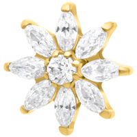 Goldener Kristallaufsatz in Eisblumenform mit klaren Kristallen auf weißem Hintergrund