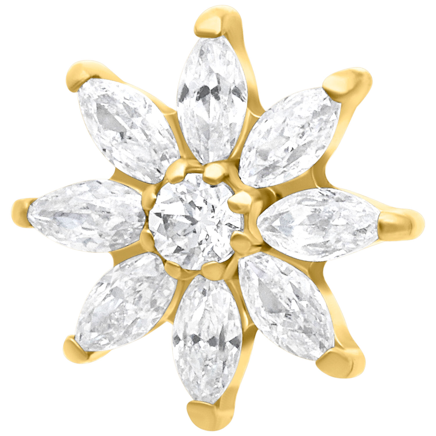 Goldener Kristallaufsatz in Eisblumenform mit klaren Kristallen auf weißem Hintergrund